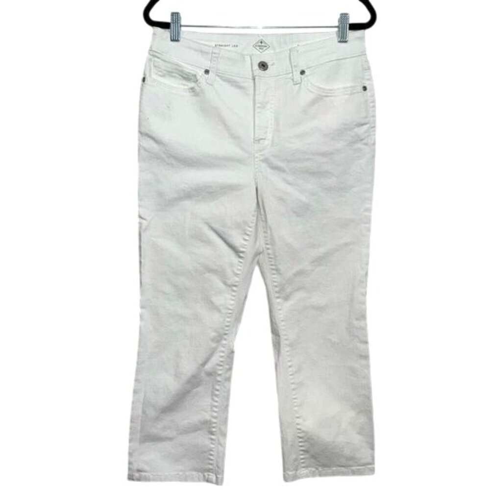 St Johns Bay Womens White Straight Leg Jeans Size 8 Cotton Blend Mid Rise
